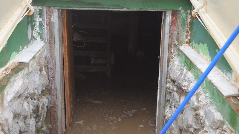 Flooded basement interior with standing water, the kind of contaminated water a sewer backup leaves behind, seen through an open cellar doorway