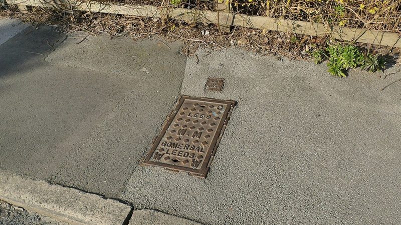 Water meter box cover set in a residential sidewalk, the kind of access point homeowners check for a water meter leak